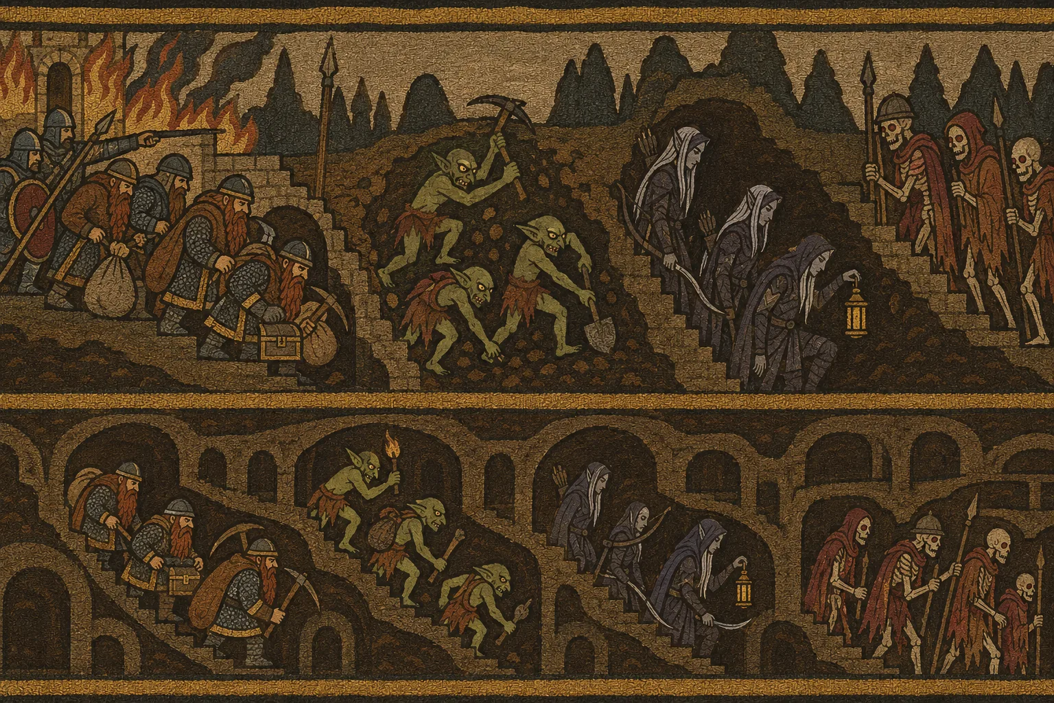 A woven tapestry of the four peoples going down into the deep: dwarfs, goblins, dark elves and the shrouded dead, each by their own road.
