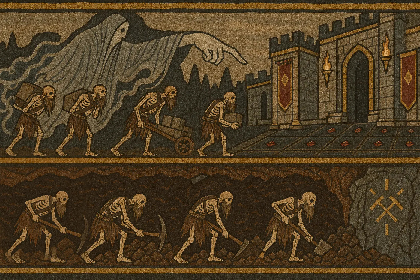 Tapestry in two bands: the Warden's ghostly hand points bearded skeleton workers carrying stone towards a keep; below, they dig through the earth with picks and shovels.