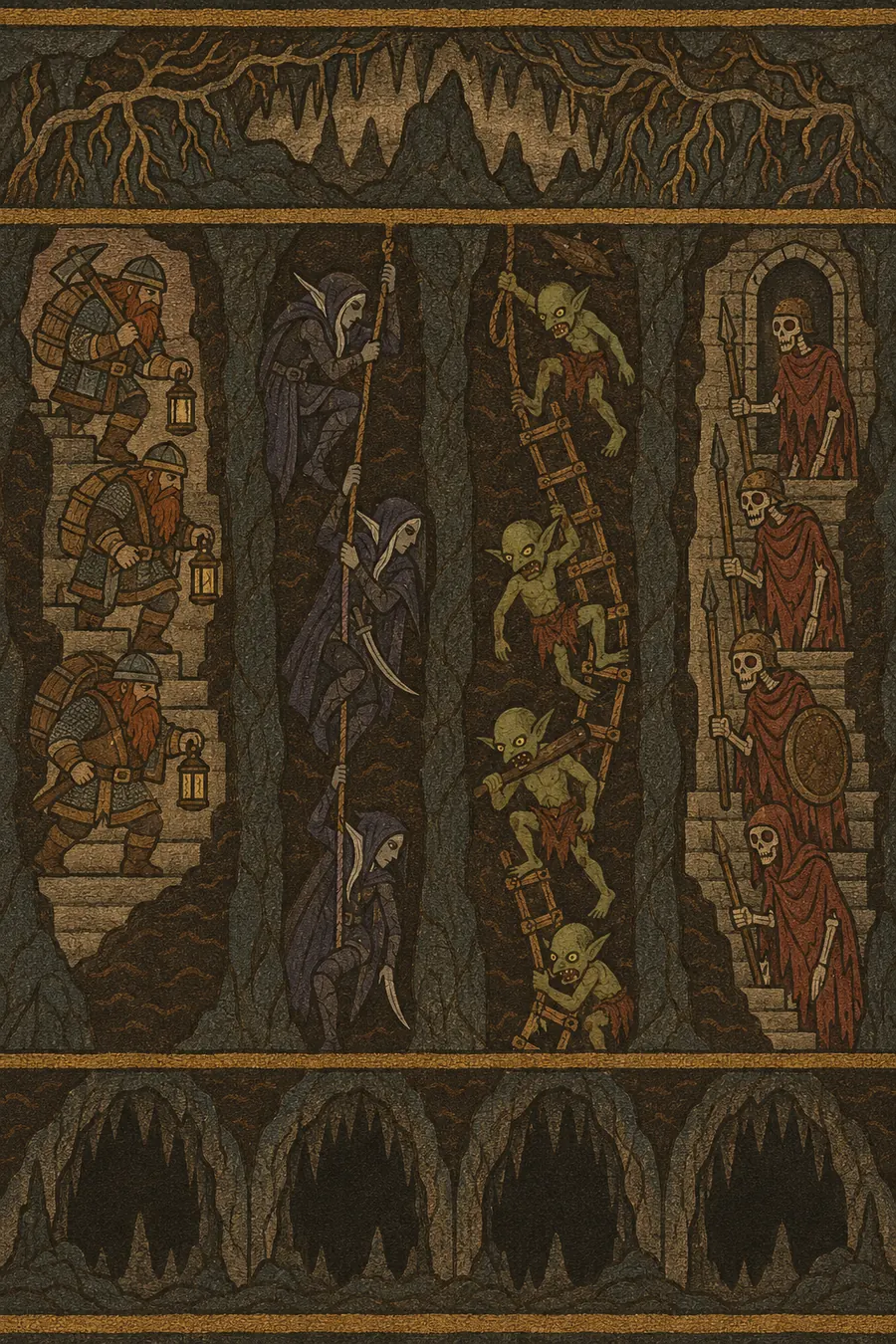 Tall tapestry: four peoples go down side by side, dwarfs with lanterns and packs on a stair, dark elves sliding down ropes, goblins scrambling down ladders, and skeleton spearmen in red shrouds descending a stone stair, with dark arches below.