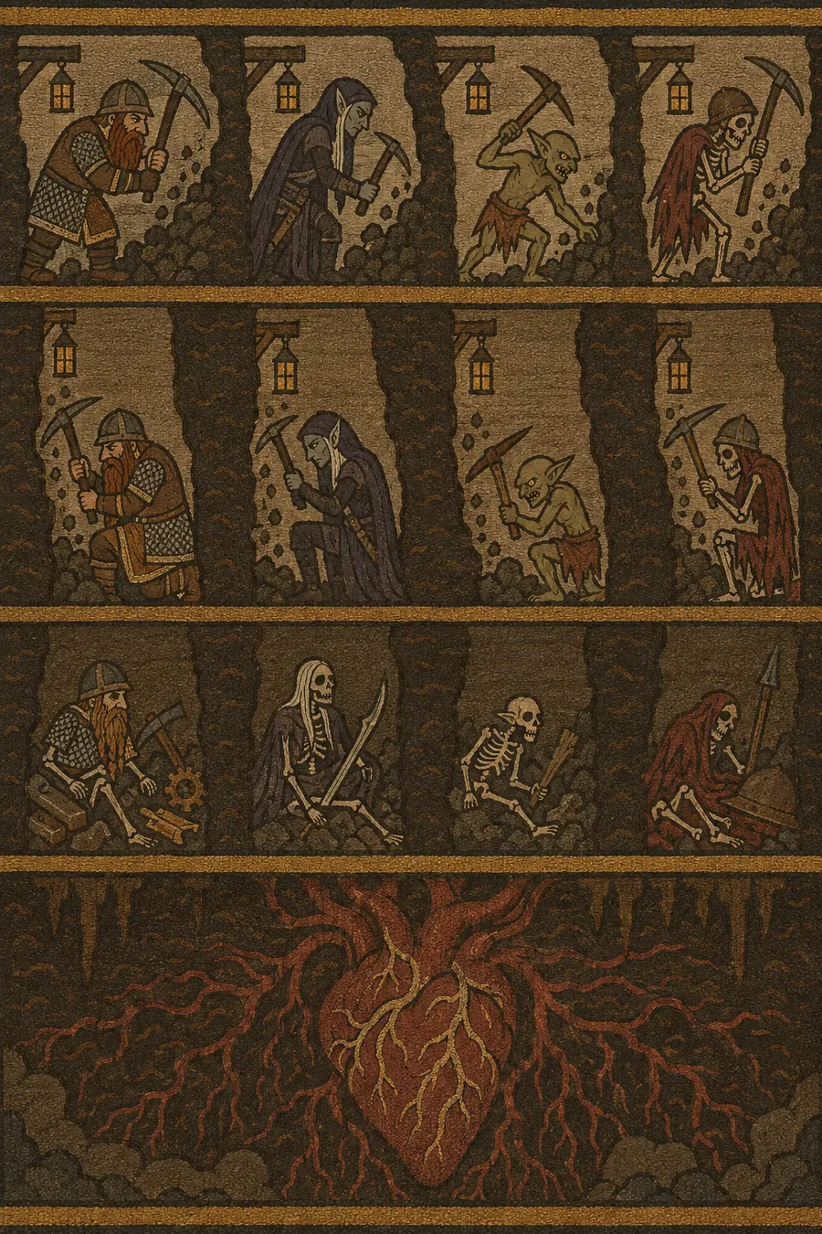 Tall tapestry: a dwarf, a dark elf, a goblin and a skeleton each dig in their own cell, floor below floor, the lowest diggers already turned to bones; at the bottom a great red heart spreads its roots through the rock.