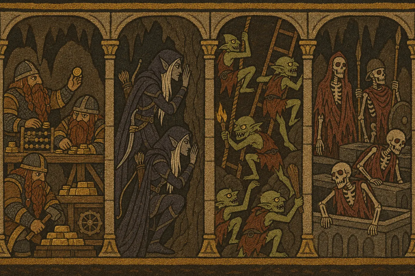 Tapestry in four arches: dwarfs counting gold coins and ingots at an abacus, dark elves listening at the rock wall, goblins swarming up ladders with torches and clubs, and the dead rising from their stone tombs.