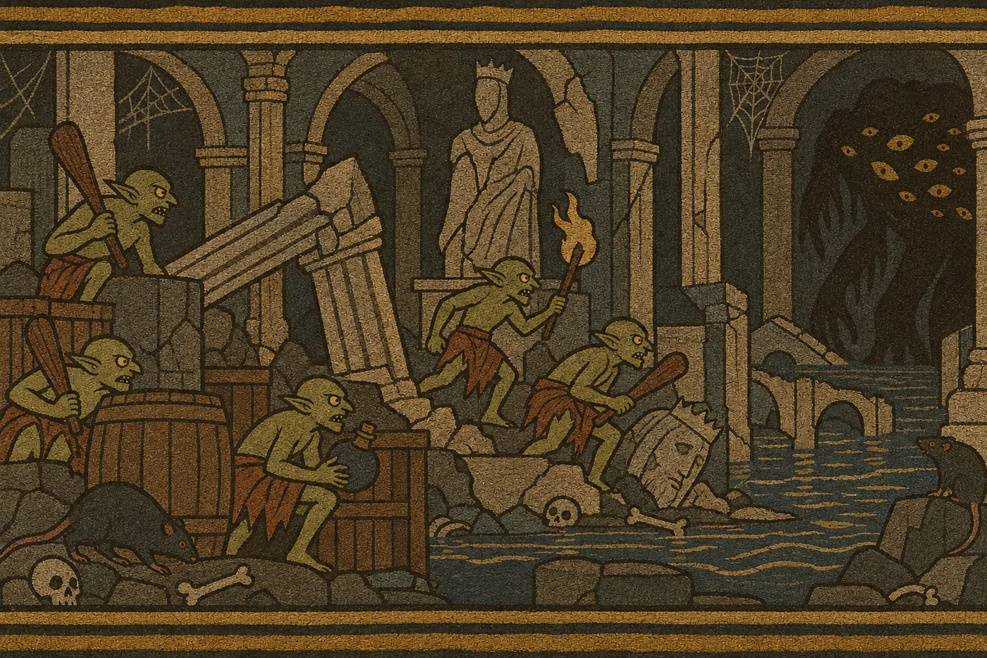 Tapestry: goblins with clubs, a torch and a corked flask scramble over broken columns and barrels in a ruined, flooded hall, past a crowned statue and its toppled stone head, with rats and scattered bones at their feet and a many-eyed shadow watching from an arch.