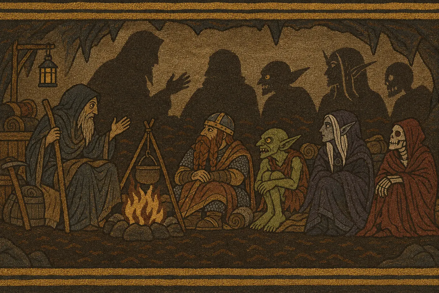 Tapestry: a hooded old storyteller talks by a cooking fire to a dwarf, a goblin, a dark elf and a shrouded skeleton, their shadows looming on the cave wall behind them.