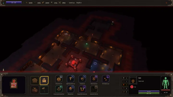 In-game: the dungeon seen from above, torch-lit halls and rooms around the red heart.
