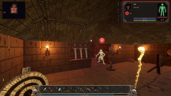 In-game, first person: a champion's staff in a torch-lit training hall, a soldier of the Host sparring by the weapon rack, training dummies nearby.