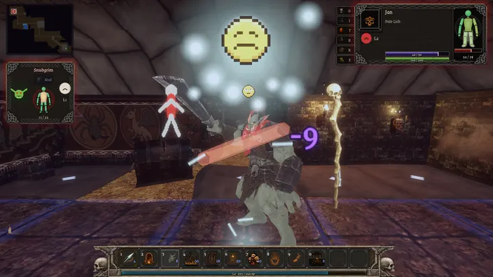 In-game, first person: a champion's staff strikes a goblin, leaving a red swing trail and a -9 damage number.